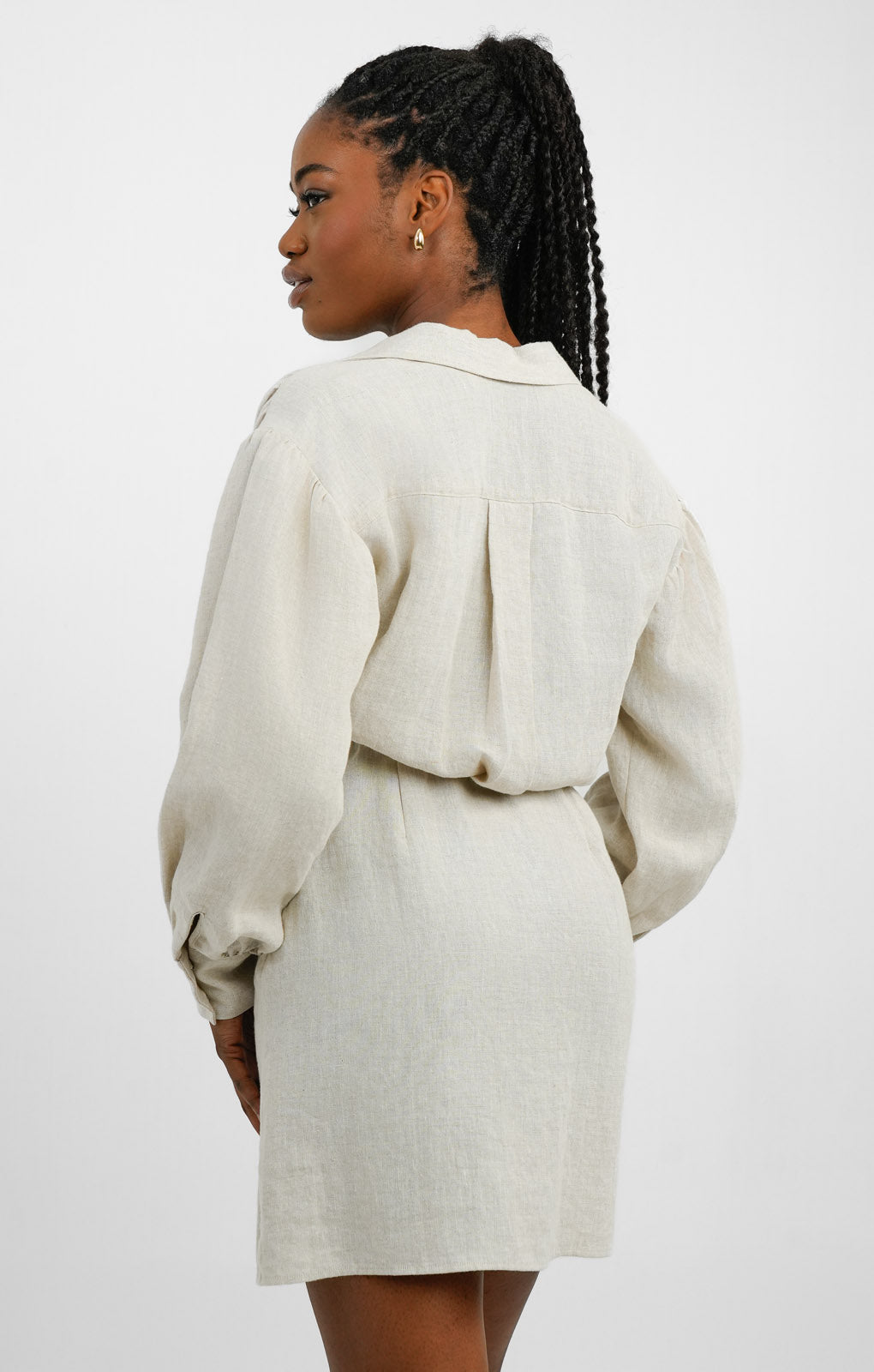 Linen Mini Shirt Dress In Beige