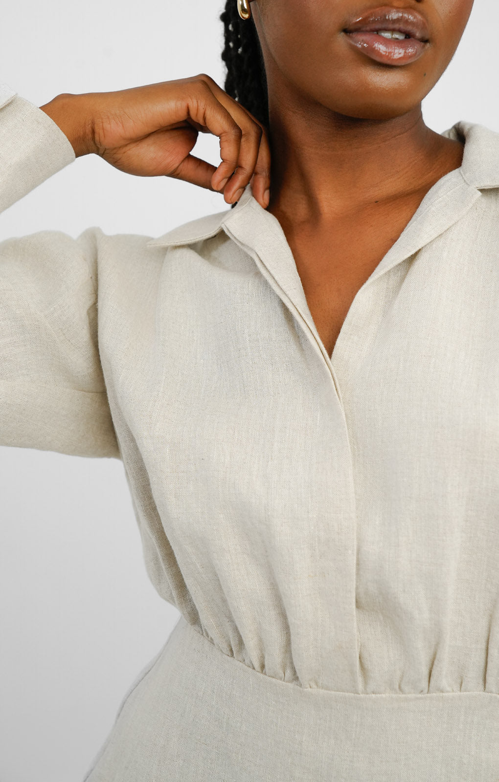 Linen Mini Shirt Dress In Beige