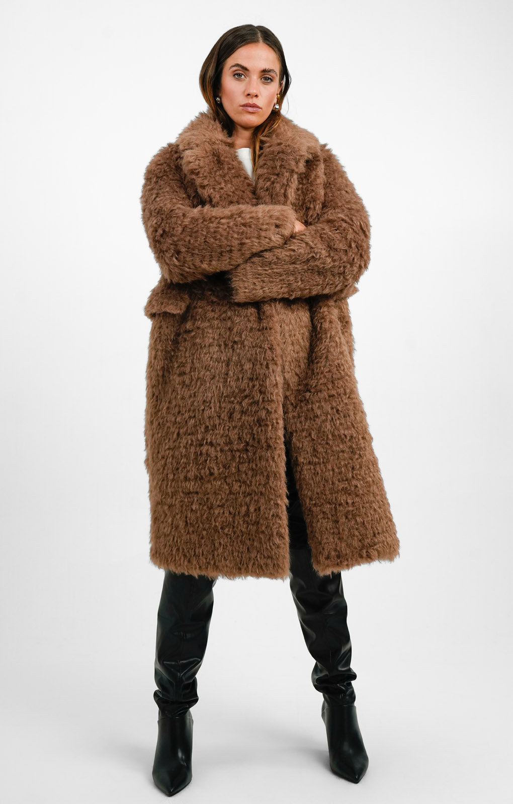 Glamorous Longline Brushed Fluffy Coat In Walnut