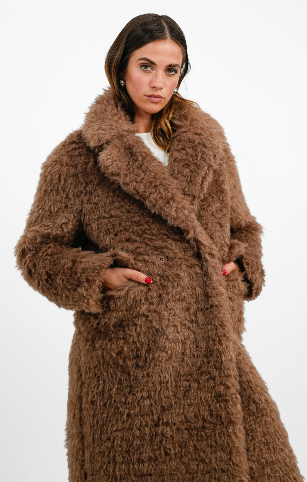 Glamorous Longline Brushed Fluffy Coat In Walnut