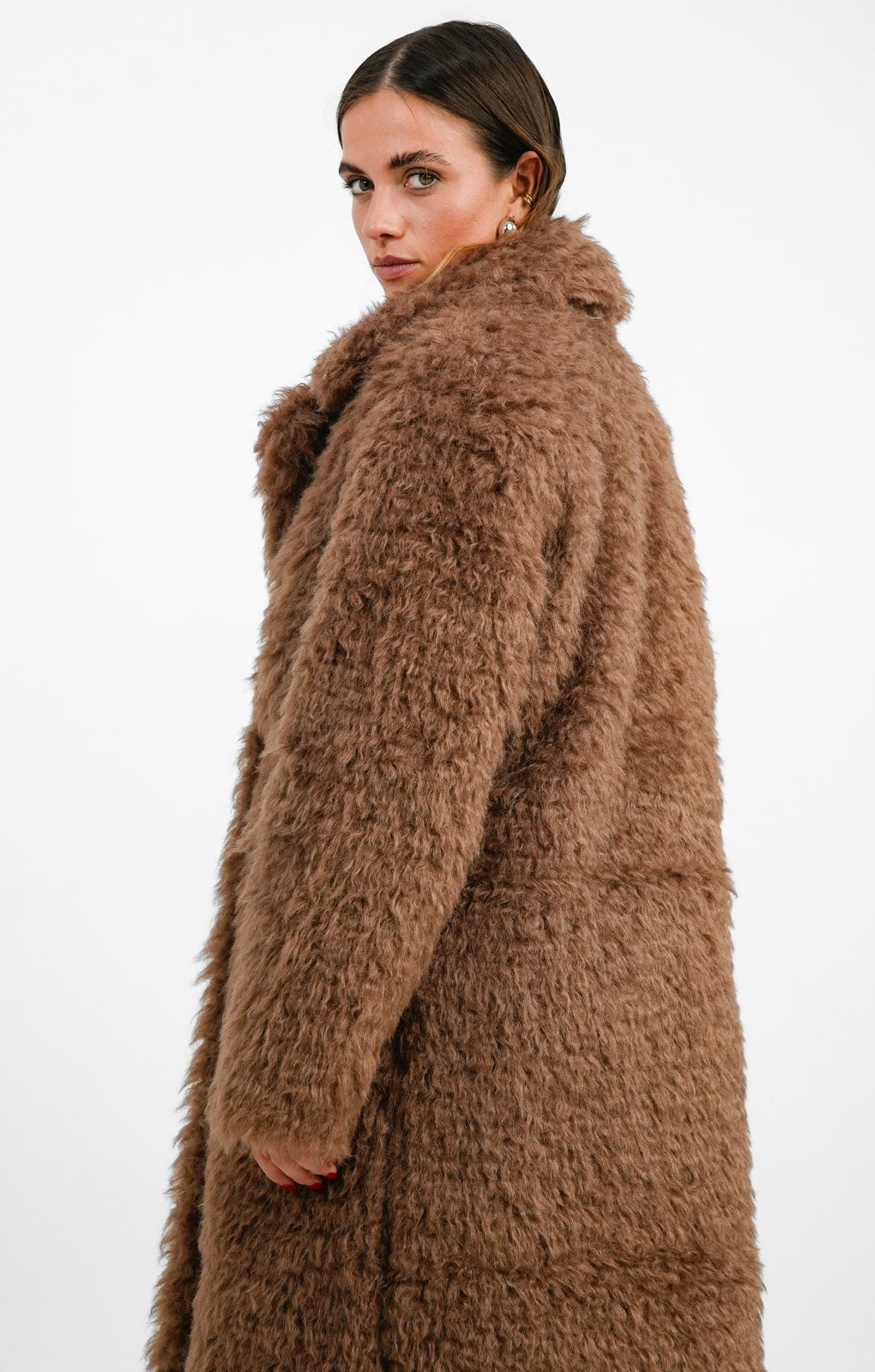 Glamorous Longline Brushed Fluffy Coat In Walnut