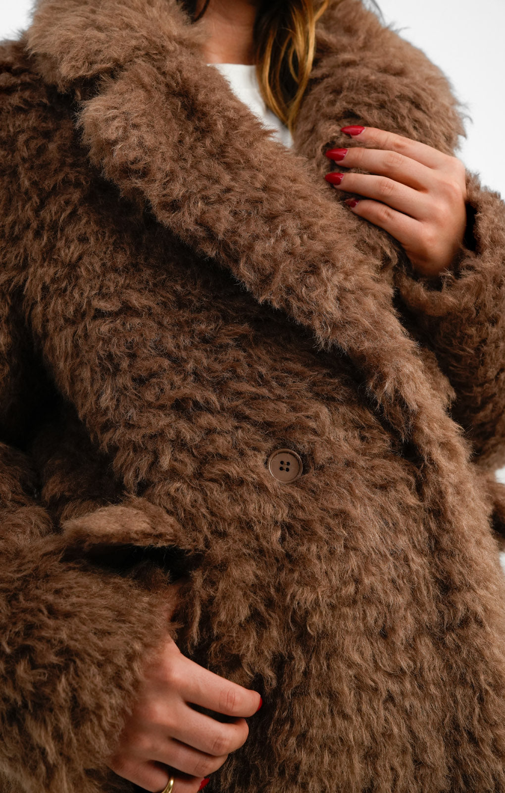 Glamorous Longline Brushed Fluffy Coat In Walnut