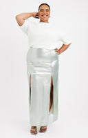 Topshop Curve Vinyl Double Split Midi Skirt In Silver