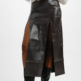 Topshop Vinyl Double Split Midi Skirt In Chocolate