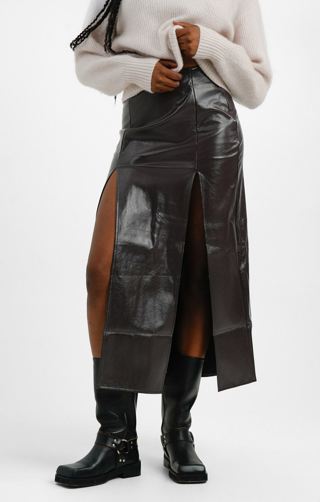 Topshop Vinyl Double Split Midi Skirt In Chocolate