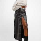 Topshop Vinyl Double Split Midi Skirt In Chocolate