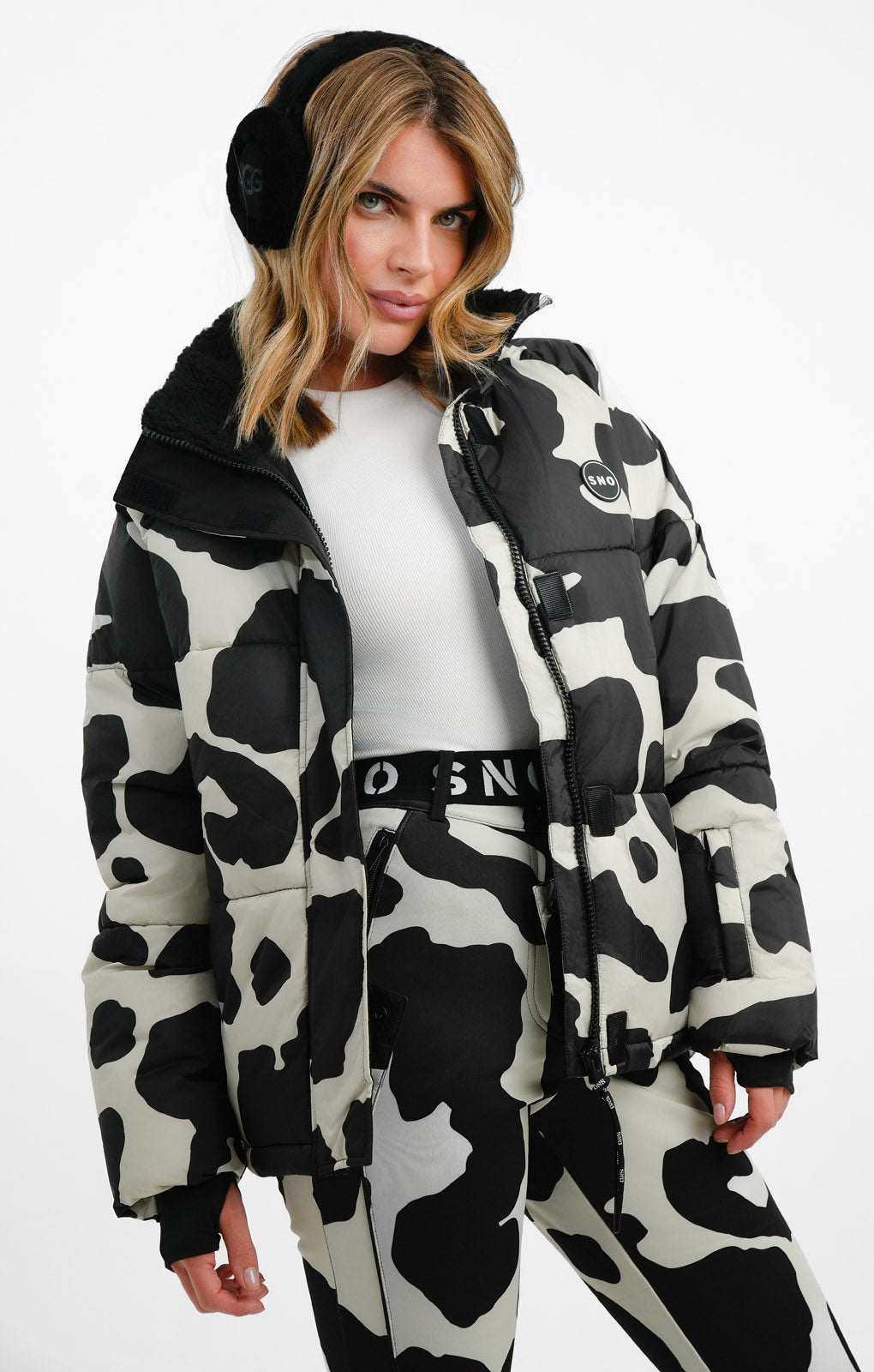 Topshop Sno Cow Print Ski Puffer Jacket In Multi