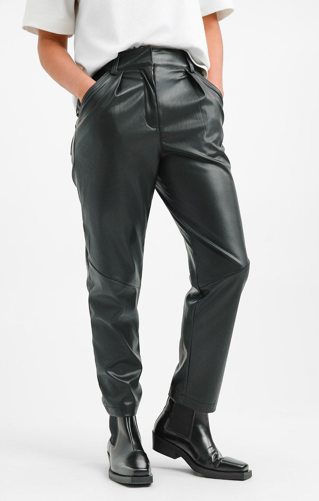 Topshop Faux Leather High Waist Pleated Peg Trouser In Black