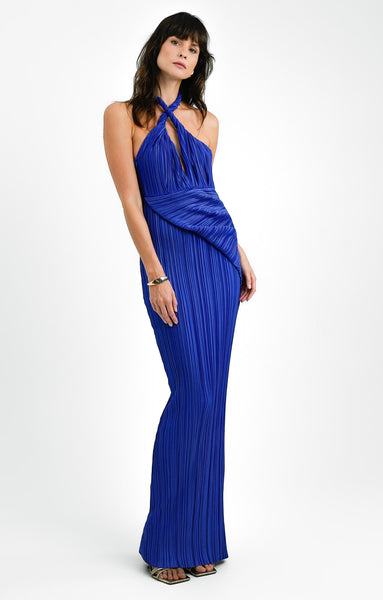 Rent ASOS DESIGN Tall Plunge Halter Cowl Back Plisse Maxi Dress In Cobalt  Blue