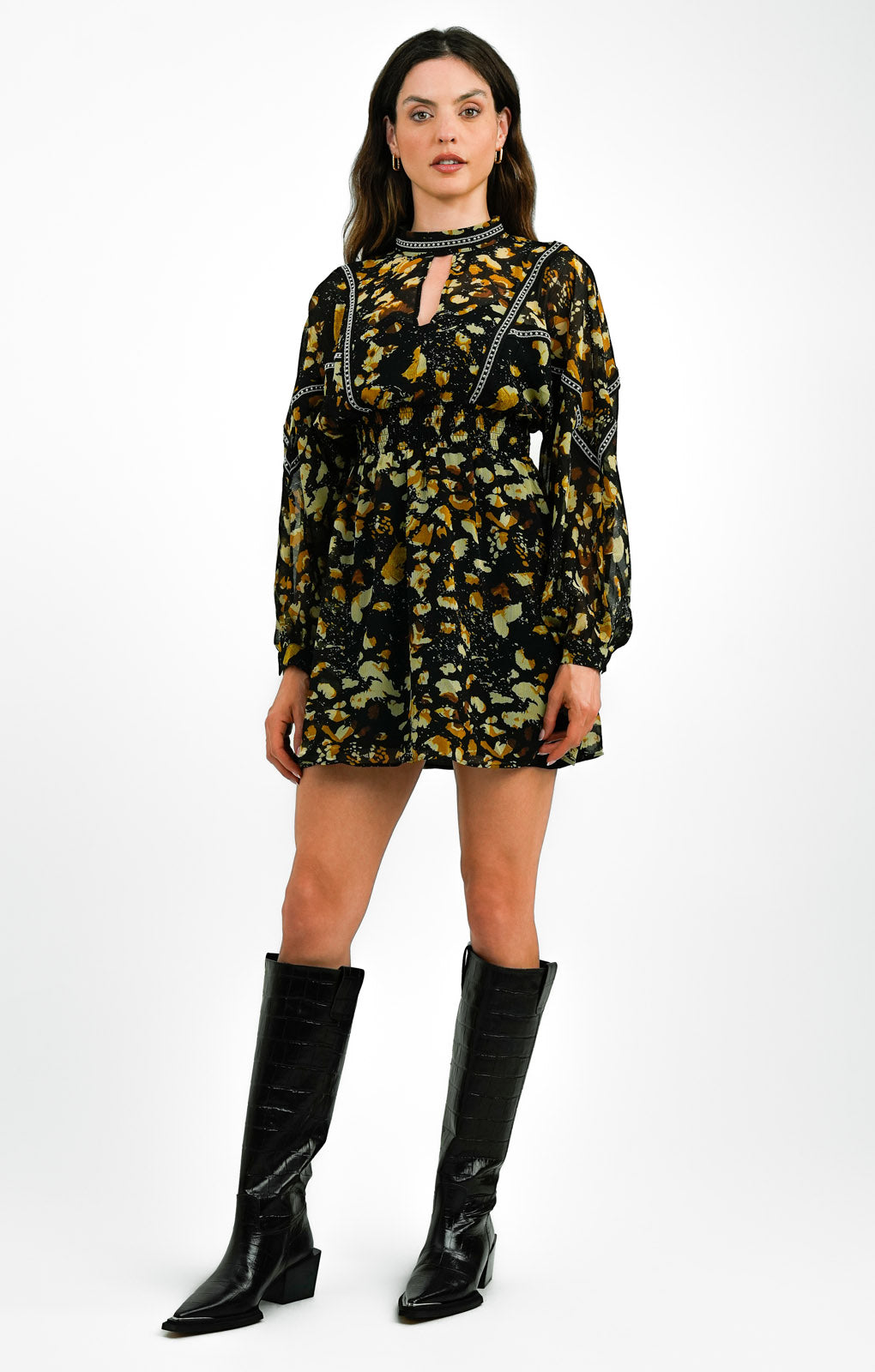 Topshop High Neck Trim Detail Mini Tea Dress In Animal Print