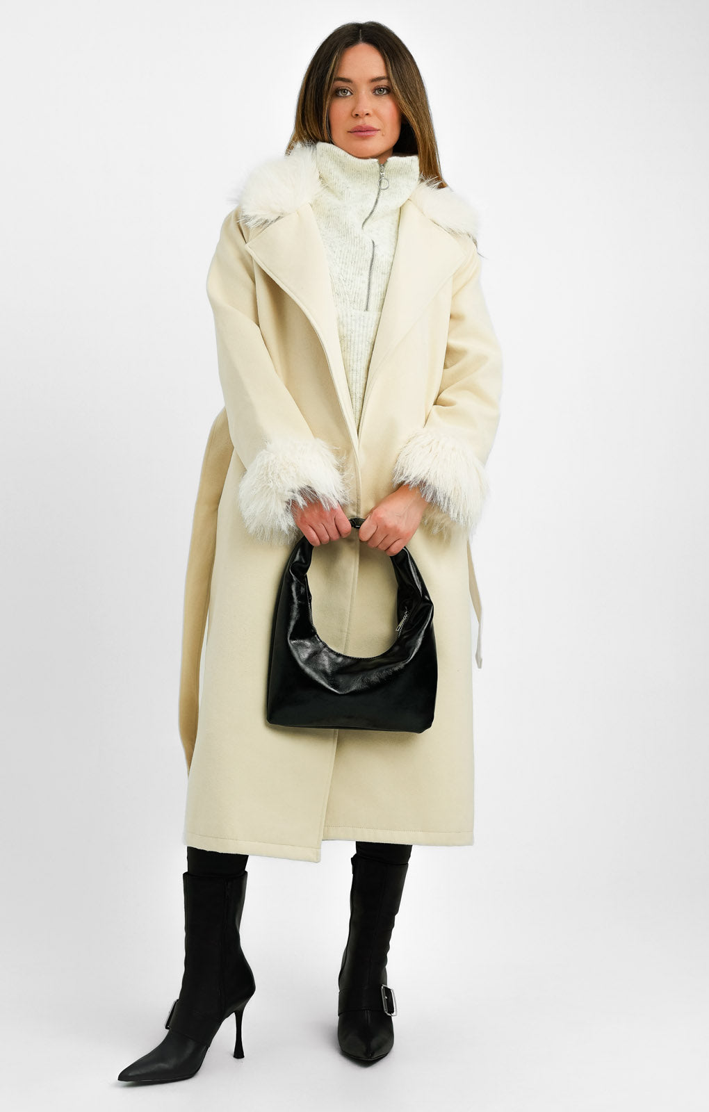 Threadbare Petite Blair Formal Maxi Coat With Tie Waist And Faux Fur Trims In Beige