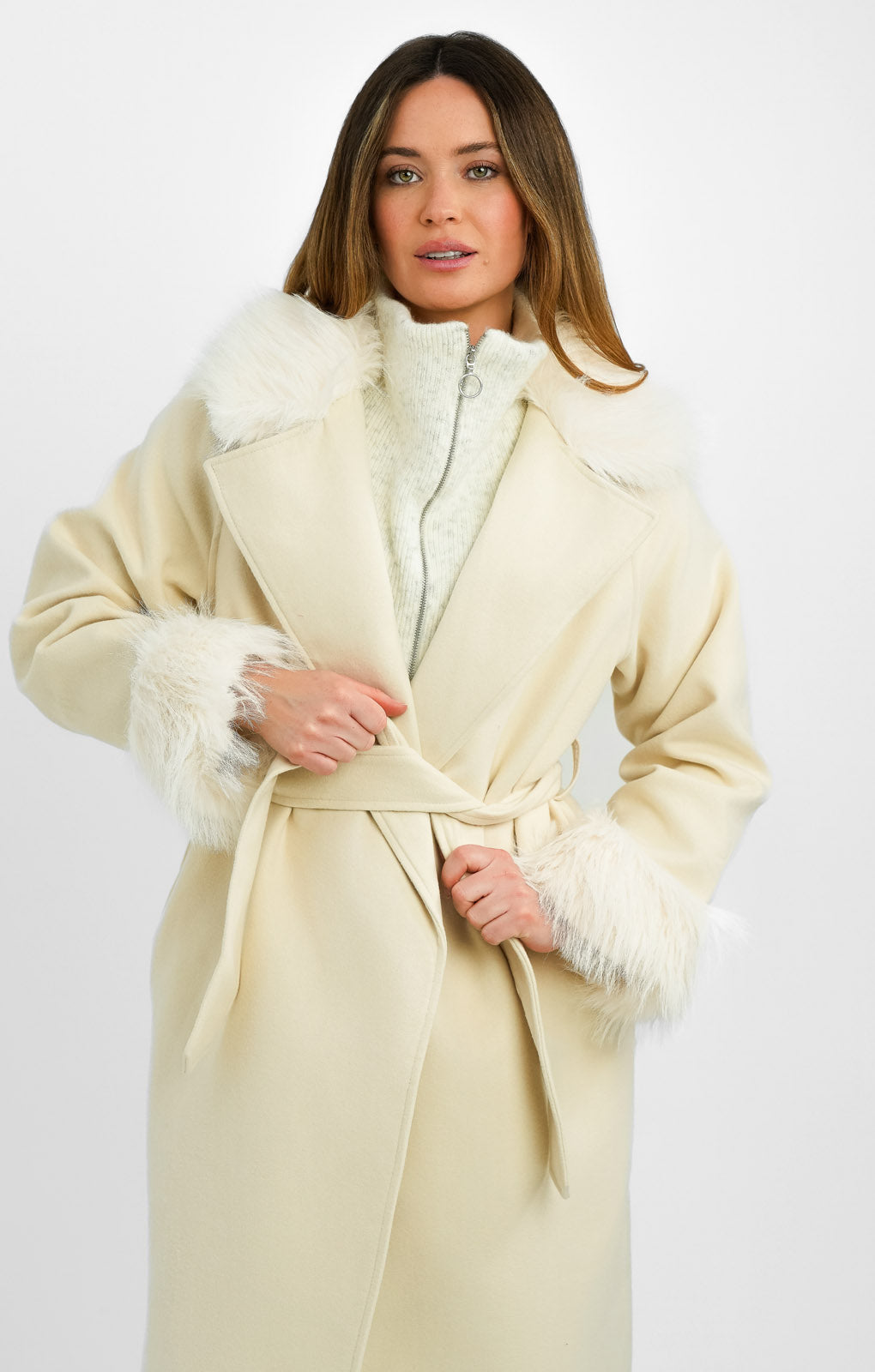 Threadbare Petite Blair Formal Maxi Coat With Tie Waist And Faux Fur Trims In Beige
