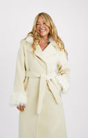 Threadbare Blair Formal Maxi Coat With Tie Waist And Faux Fur Trims In White