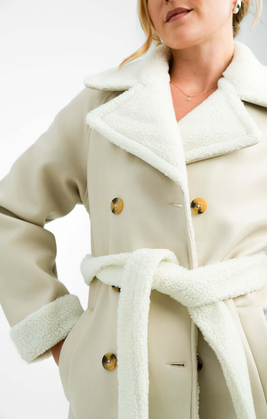 Threadbare Lois Longline Aviator Coat With Borg Trims In Stone