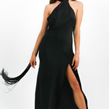 ASOS DESIGN Satin Halter Maxi Dress With Fringe Scarf Detail In Black