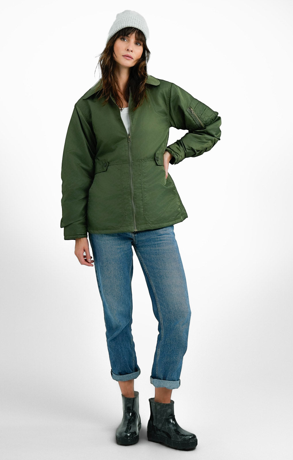 Collusion Nylon Jacket With With Fitted Waist In Khaki