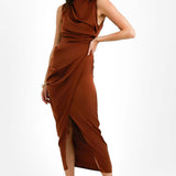 ASOS DESIGN Tall Satin Drape Dress With Wrap Skirt In Chocolate
