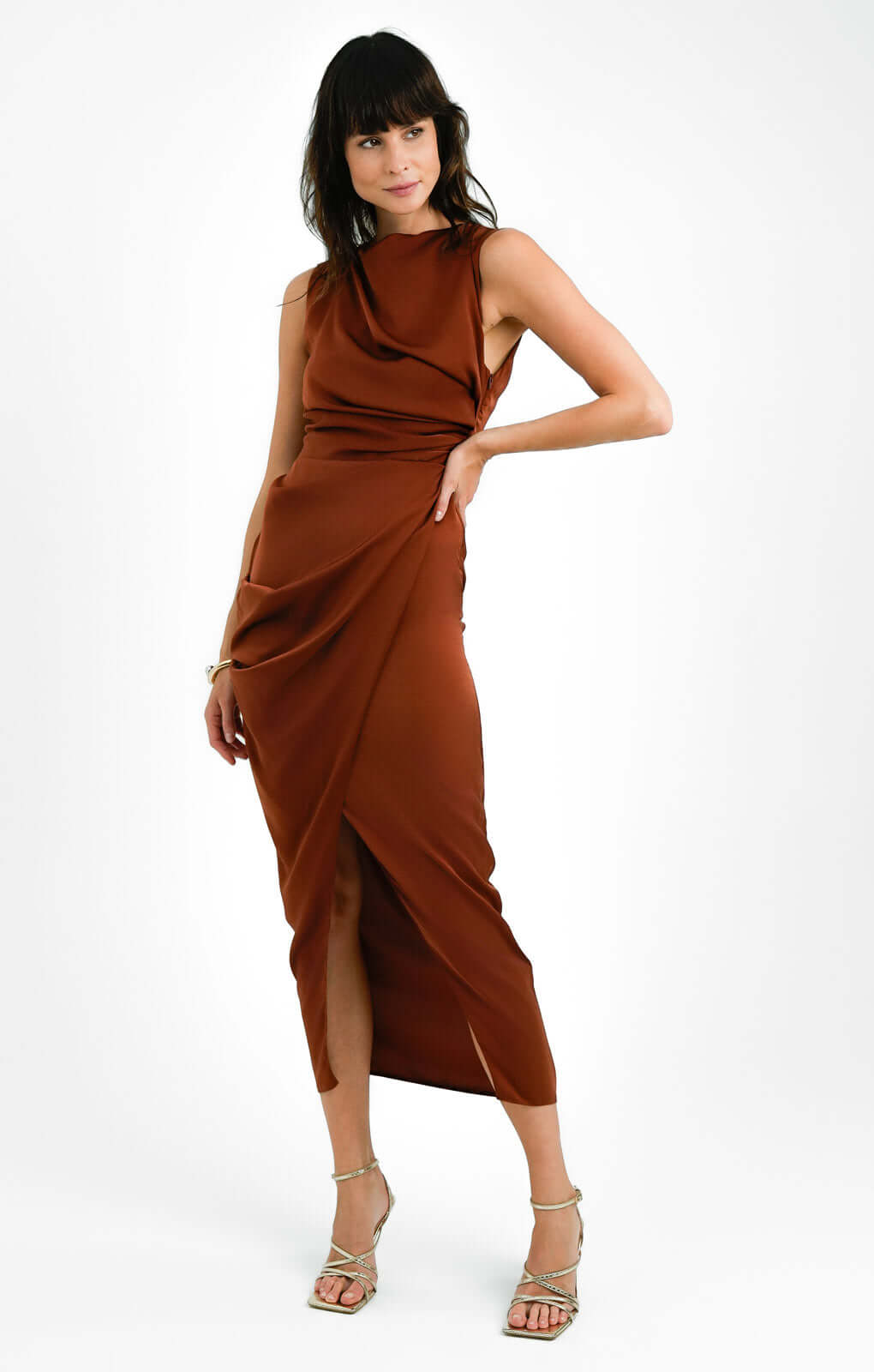 ASOS DESIGN Tall Satin Drape Dress With Wrap Skirt In Chocolate