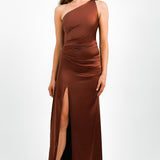 Pretty Lavish Amelia Ruched One Shoulder Satin Maxi Dress In Deep Brown – dresses by Pretty Lavish, available to rent from Hirestreet
