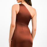 Pretty Lavish Amelia Ruched One Shoulder Satin Maxi Dress In Deep Brown – dresses by Pretty Lavish, available to rent from Hirestreet
