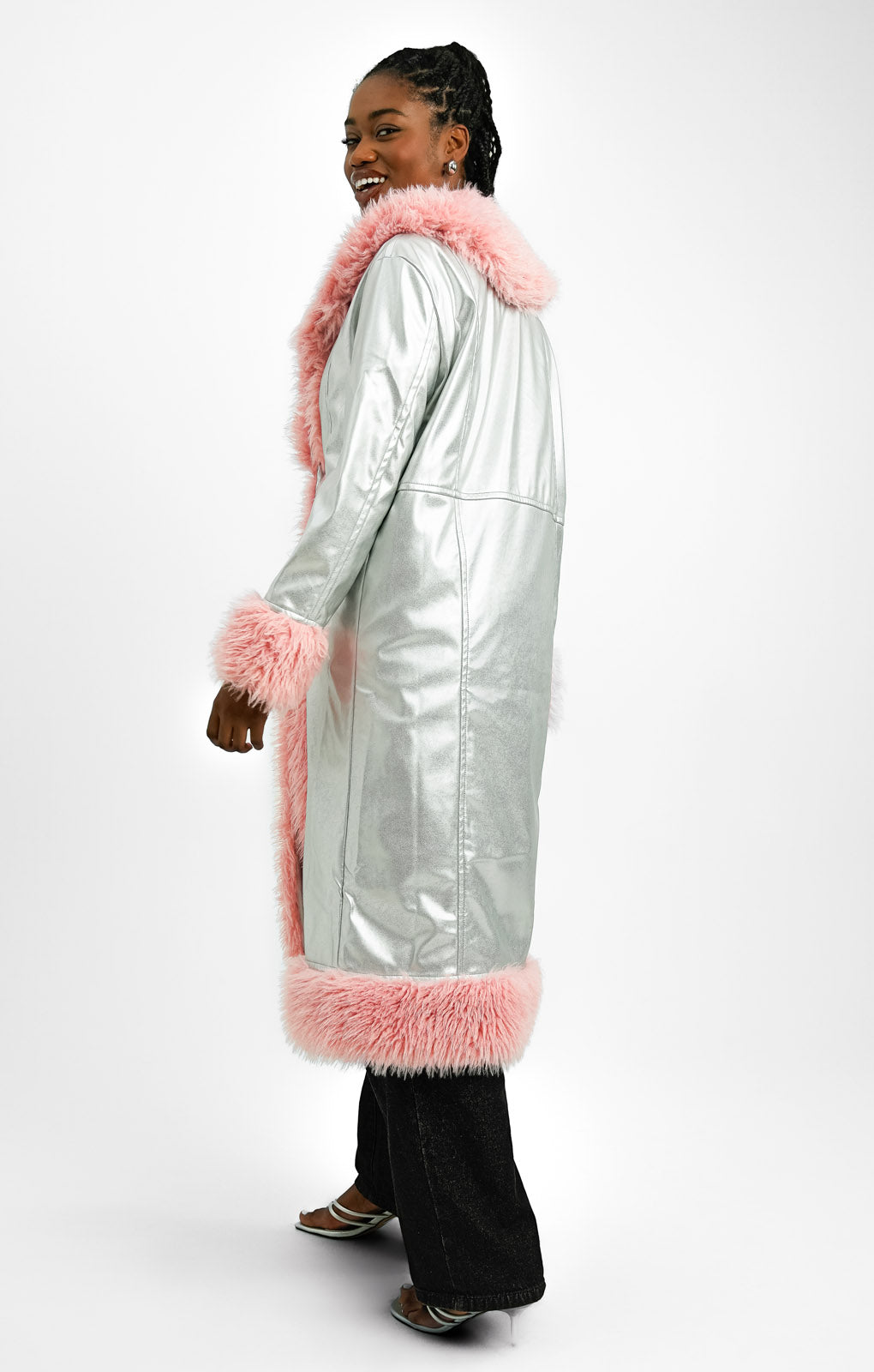 Annorlunda Metallic Faux Shearling Edged Coat In Silver And Pink
