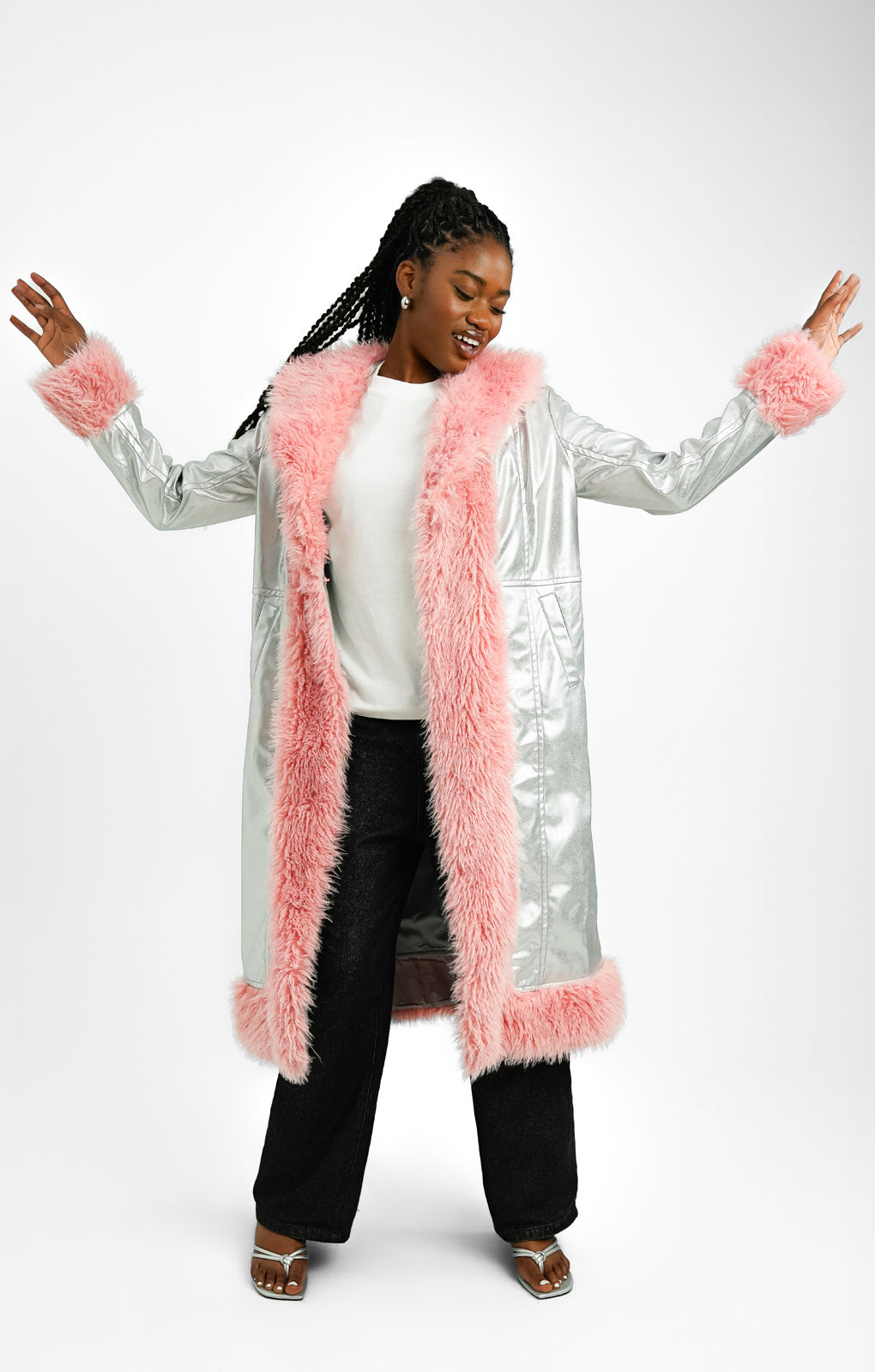 Annorlunda Metallic Faux Shearling Edged Coat In Silver And Pink