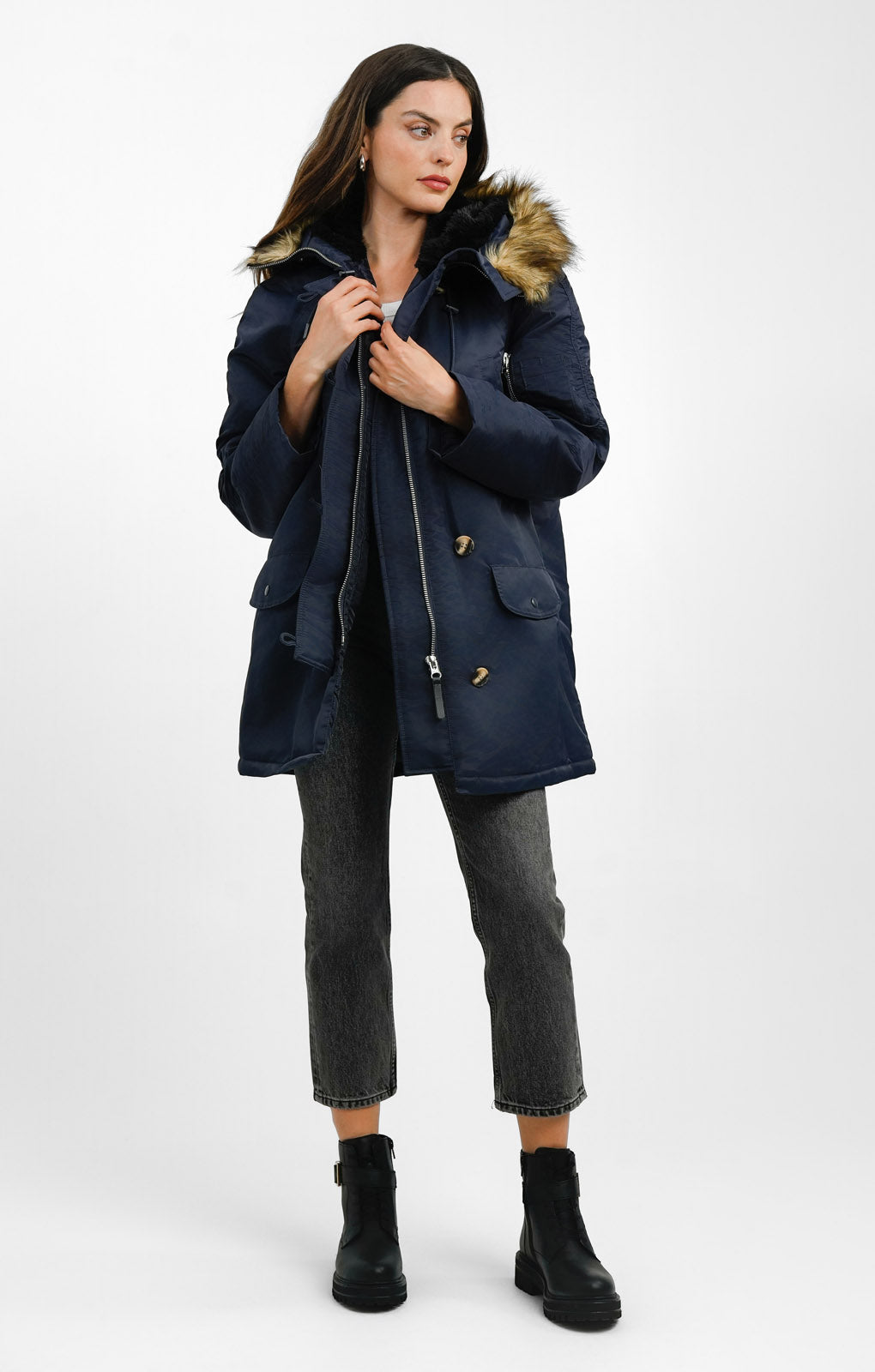 ASOS DESIGN Nylon Parka With Fur Hood In Navy