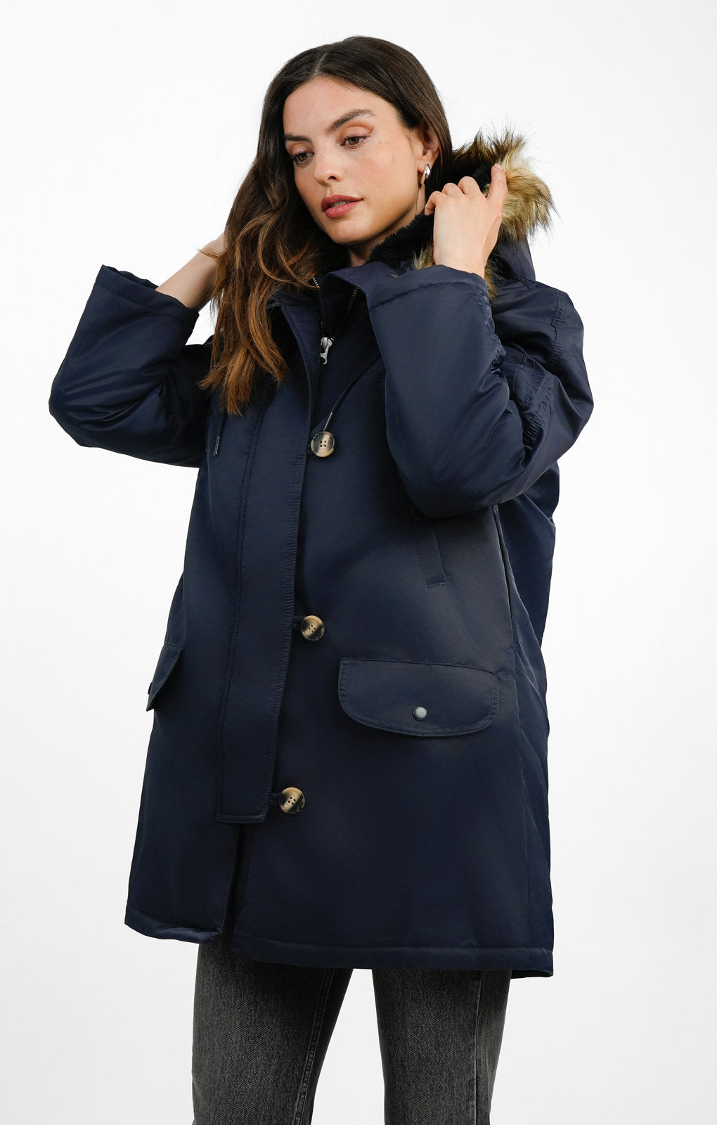 ASOS DESIGN Nylon Parka With Fur Hood In Navy