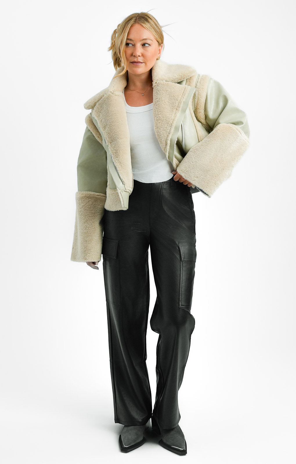 ASOS EDITION Cropped High Shine Borg Lined Coat In Cream