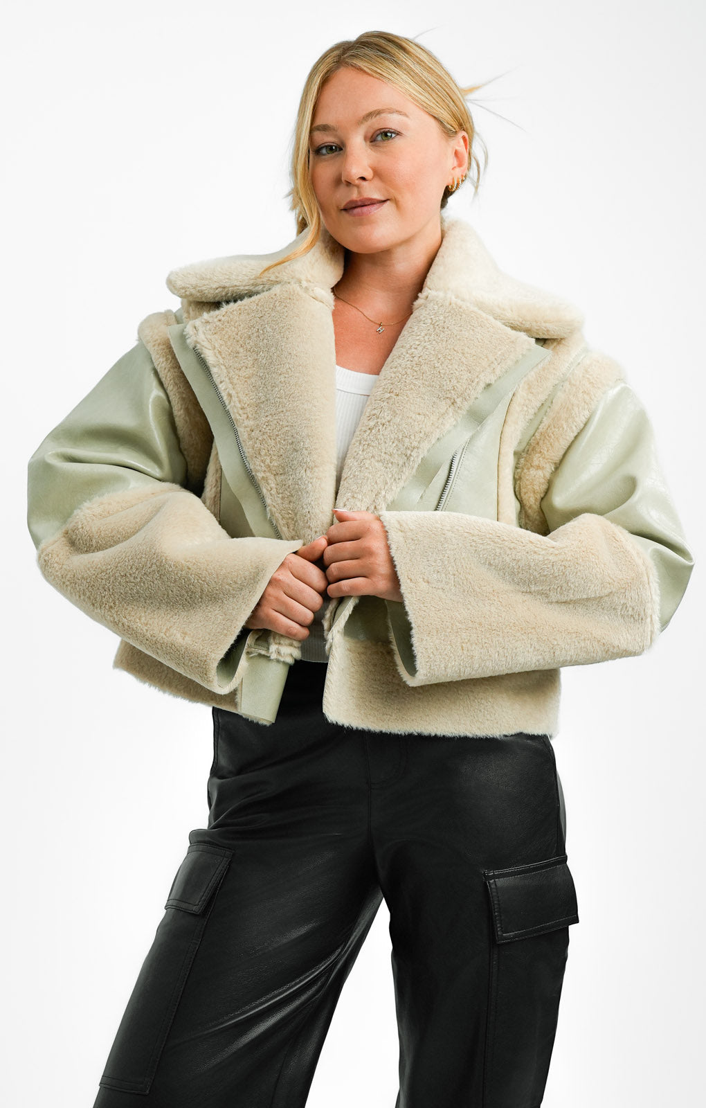 ASOS EDITION Cropped High Shine Borg Lined Coat In Cream