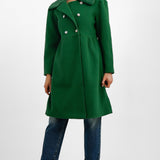 Neon Rose Faux Fur Collar Detail Princess Coat In Deep Green