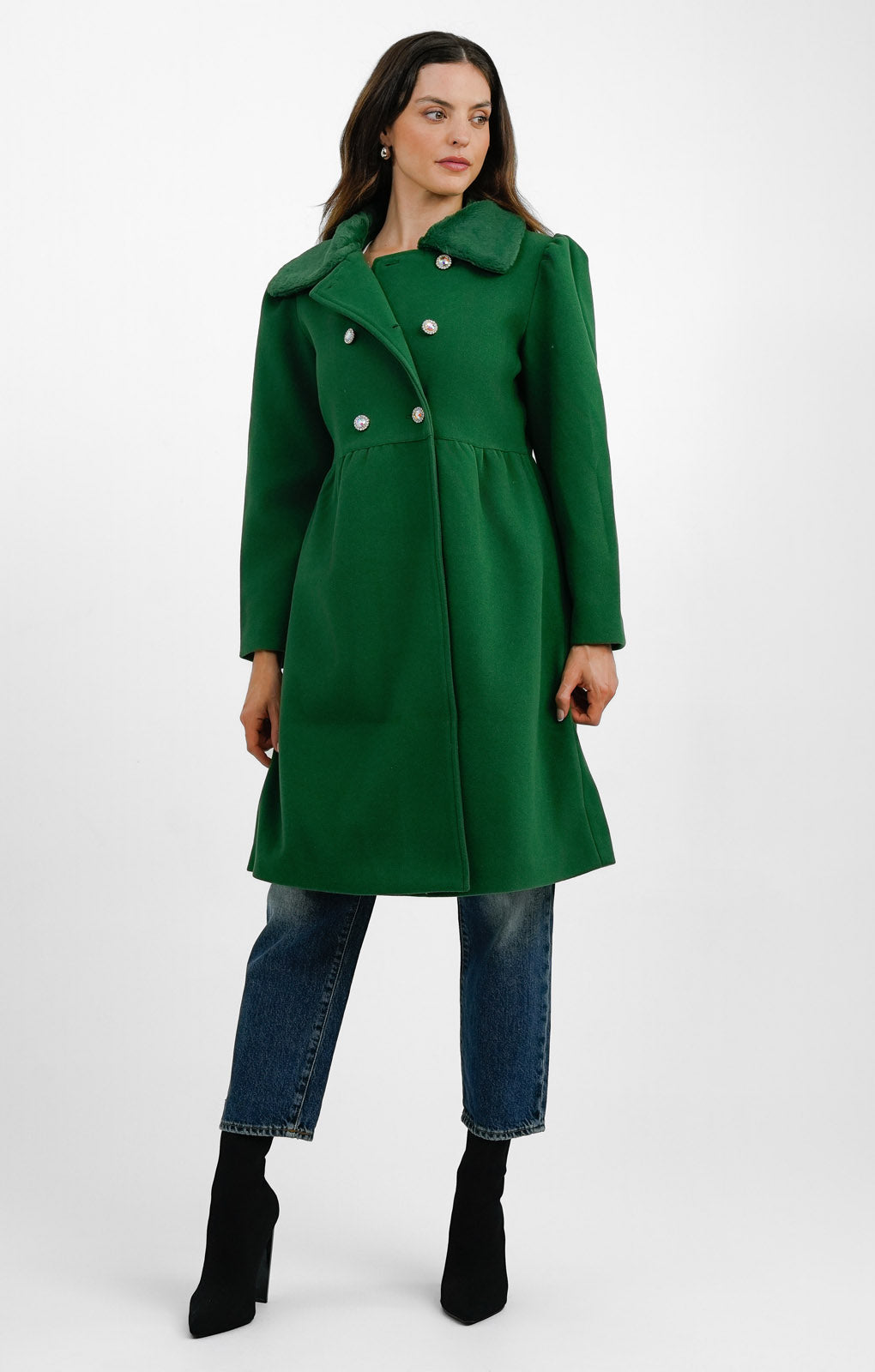 Neon Rose Faux Fur Collar Detail Princess Coat In Deep Green