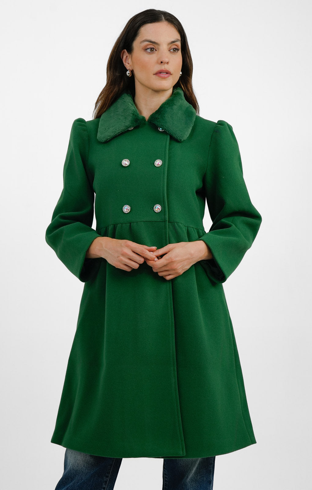 Neon Rose Faux Fur Collar Detail Princess Coat In Deep Green