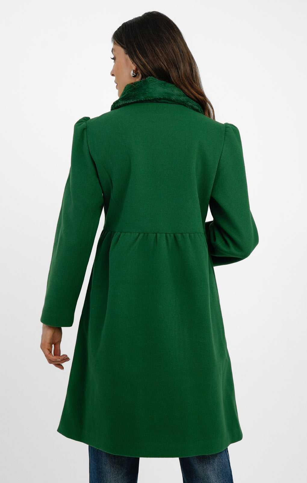 Neon Rose Faux Fur Collar Detail Princess Coat In Deep Green