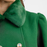 Neon Rose Faux Fur Collar Detail Princess Coat In Deep Green