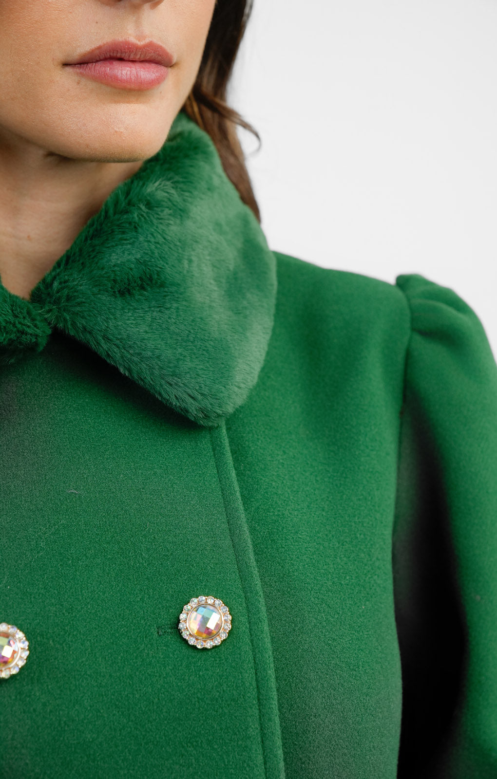 Neon Rose Faux Fur Collar Detail Princess Coat In Deep Green