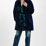 Neon Rose Bow Detail Faux Fur Maxi Coat In Blue