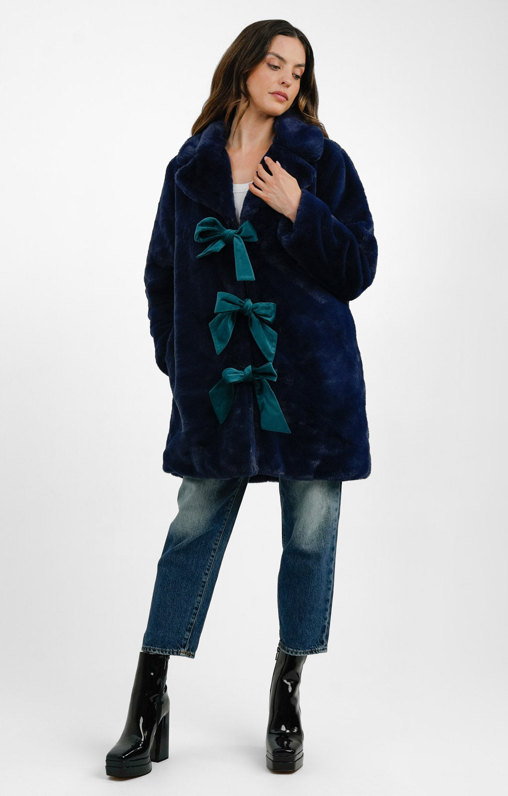 Neon Rose Bow Detail Faux Fur Maxi Coat In Blue