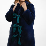 Neon Rose Bow Detail Faux Fur Maxi Coat In Blue