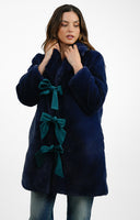 Neon Rose Bow Detail Faux Fur Maxi Coat In Blue