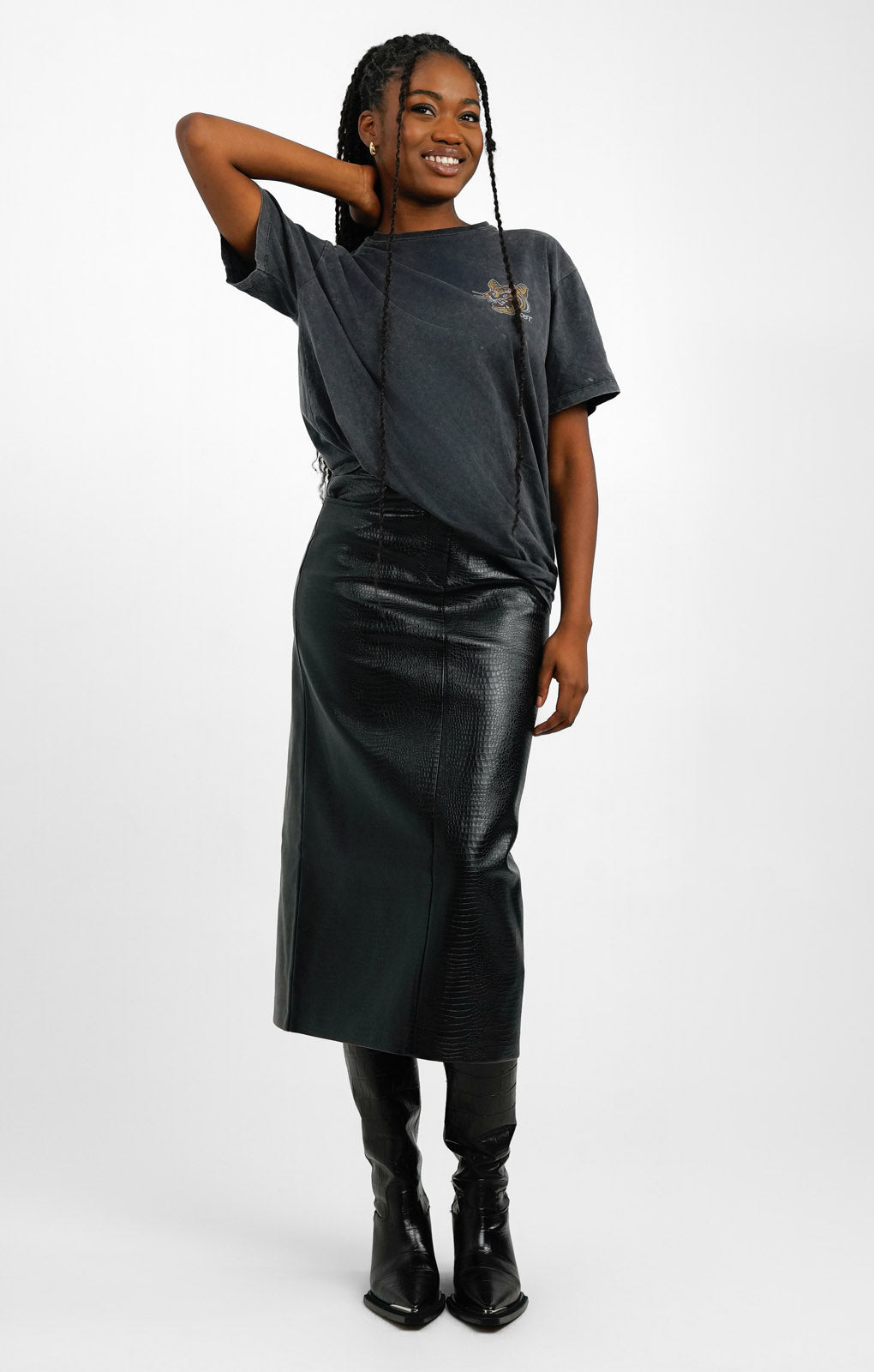 Topshop Leather Look Midi Skirt In Black Snake Print