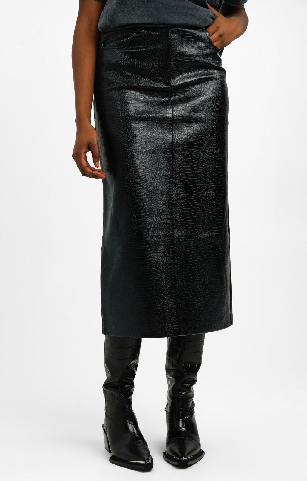 Topshop Leather Look Midi Skirt In Black Snake Print