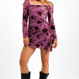 Sisters of the Tribe Floral Devore Corsage Detail Mini Dress In Dusty Violet