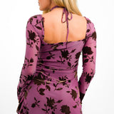 Sisters of the Tribe Floral Devore Corsage Detail Mini Dress In Dusty Violet