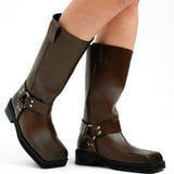 Topshop Ruby Premium Leather Biker Boot In Brown