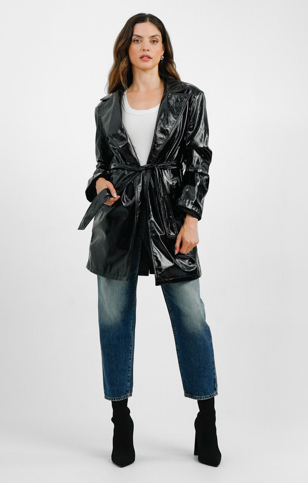 ASOS DESIGN Faux Leather Strong Shoulder Midi Dad Coat With Belt In Black
