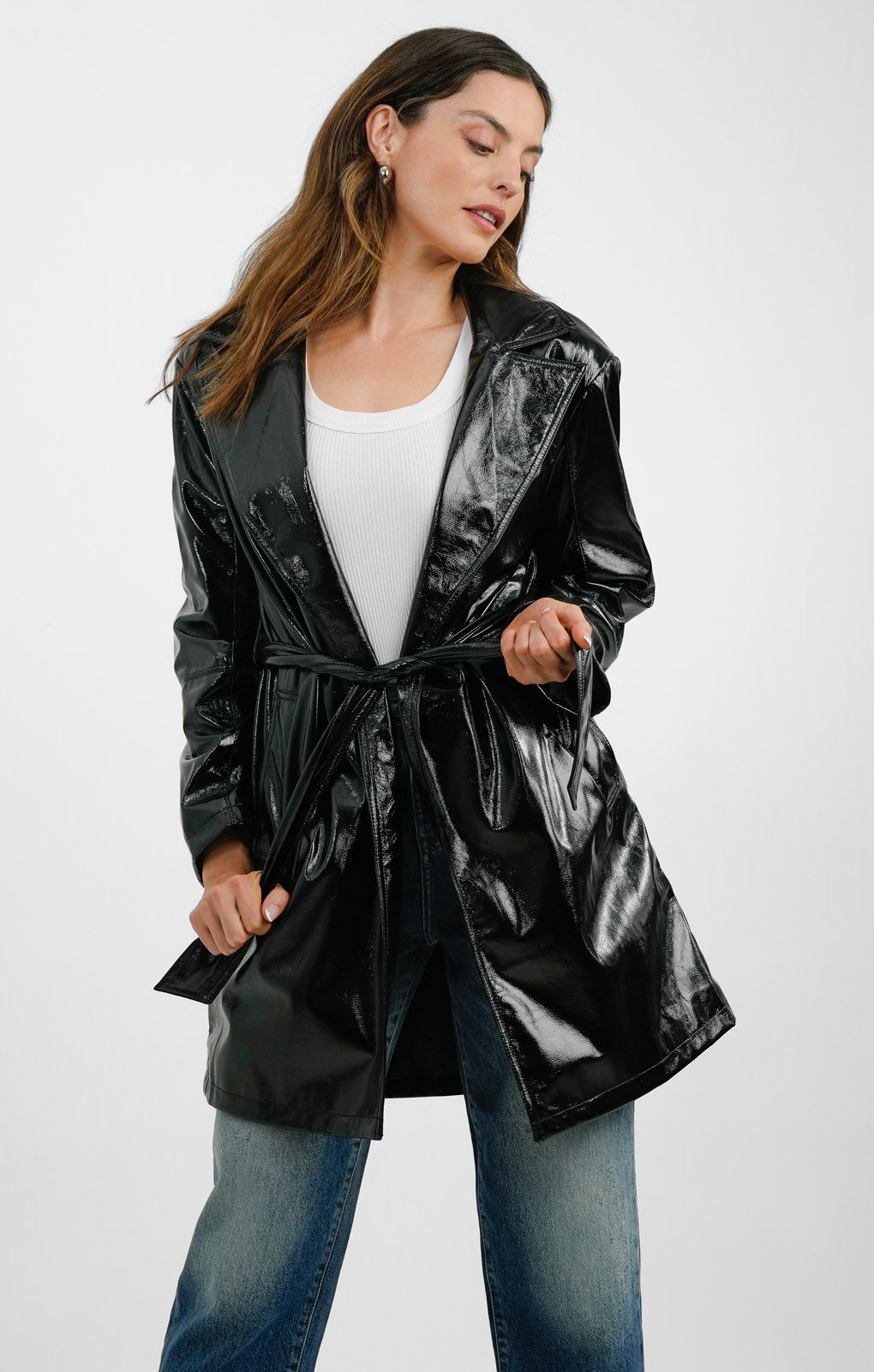 ASOS DESIGN Faux Leather Strong Shoulder Midi Dad Coat With Belt In Black