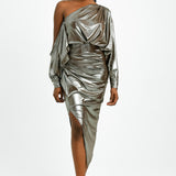 ASOS DESIGN Off Shoulder Grecian Drape Midi Dress In Gold Foil
