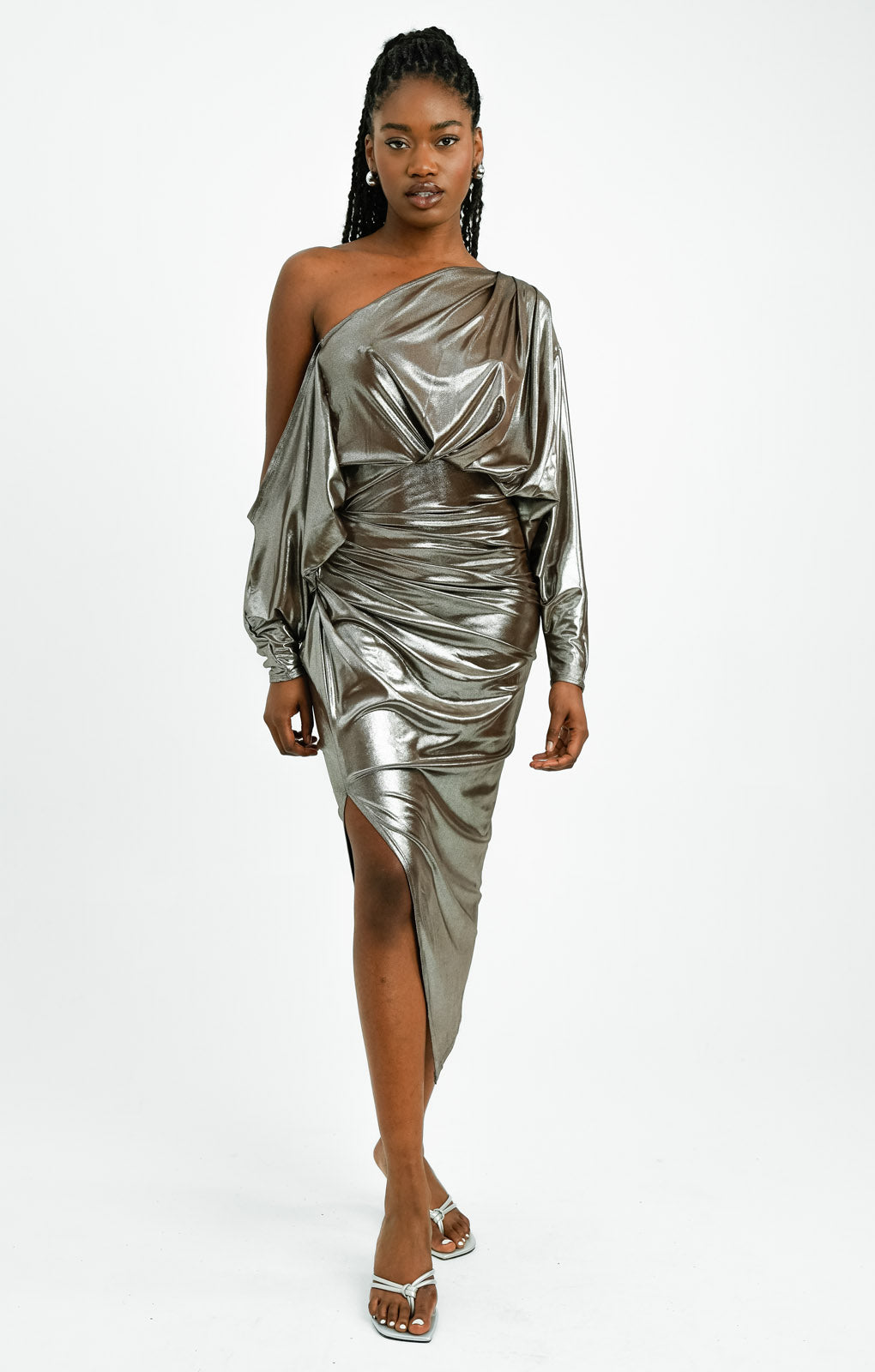 ASOS DESIGN Off Shoulder Grecian Drape Midi Dress In Gold Foil