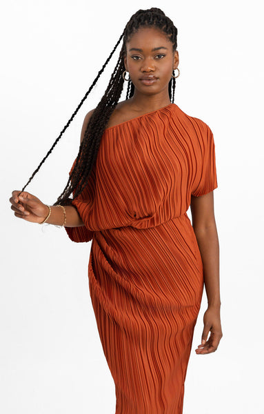 Rent ASOS DESIGN Plisse Fallen Shoulder Midi Dress In Rust
